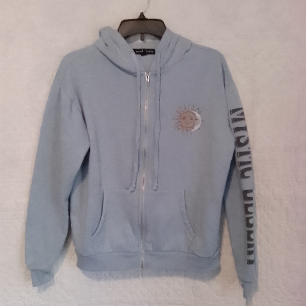 Light Blue Zip-Up Hoodie with Sun Graphic